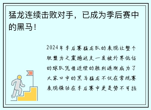 猛龙连续击败对手，已成为季后赛中的黑马！