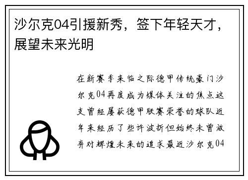 沙尔克04引援新秀，签下年轻天才，展望未来光明